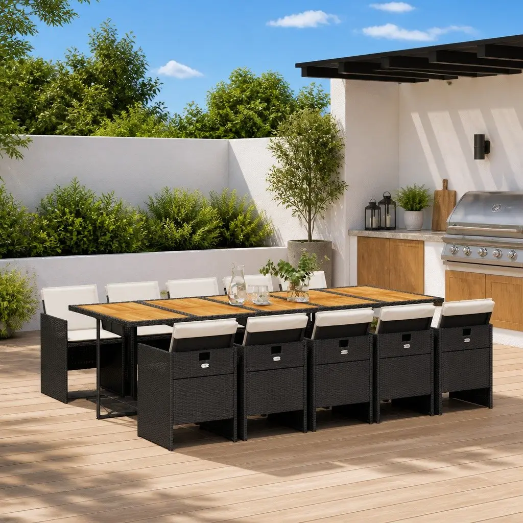 Garden Dining Set 11 Piece Black Rattan Table with Cushions and Folding Chairs