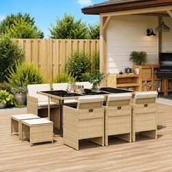 Outdoor Garden Dining Set 11 Piece Poly Rattan Beige Cushioned Patio Furniture