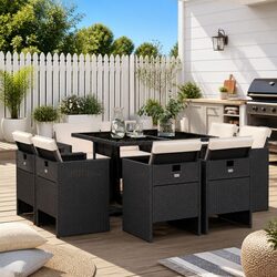9 Piece Outdoor Dining Set Black Poly Rattan Chairs Table Patio Garden Furniture
