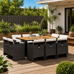 11 Piece Outdoor Garden Dining Set Black Poly Rattan Chairs Table Cushions