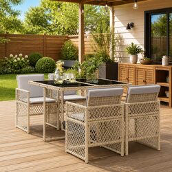 Outdoor Dining Set - 5-Piece Beige Rattan with Cushions
