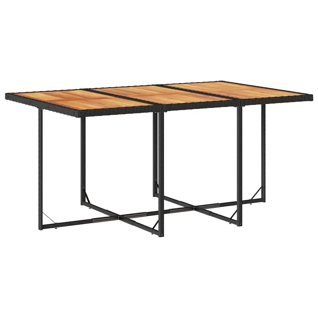 Outdoor Dining Set 7 Piece Garden Furniture Black Poly Rattan Table Acacia Wood Top Folding Chairs