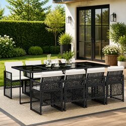 Outdoor Dining Set 9 Piece Garden Furniture Black Poly Rattan Cushions Patio