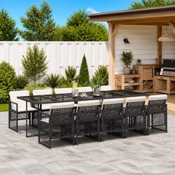11 Piece Outdoor Dining Set Black Poly Rattan Patio Furniture with Cushions