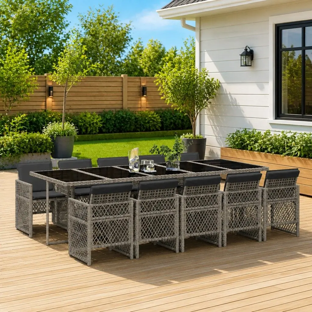 Garden Dining Set 11 Piece Grey Poly Rattan Tempered Glass Table Foldable Chairs Padded Cushions