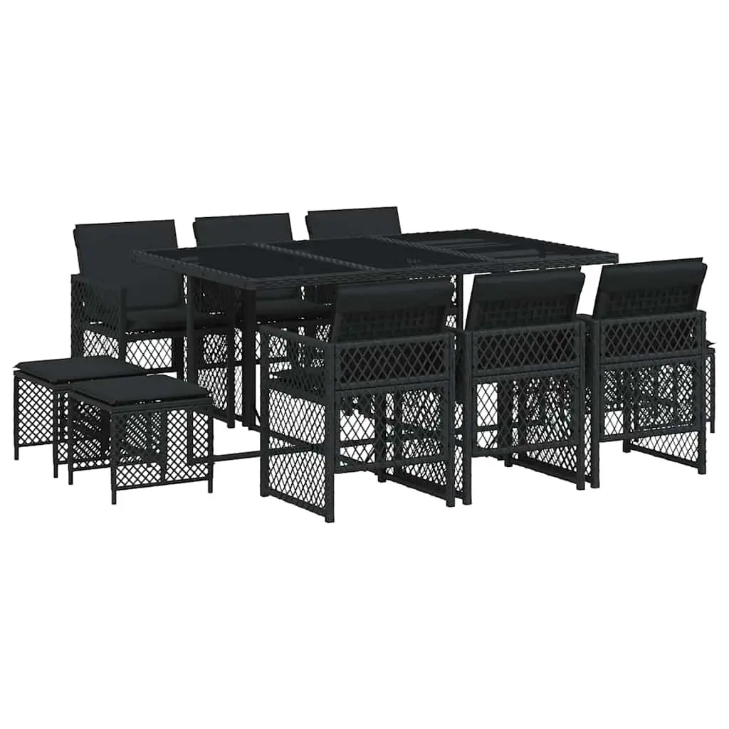 Outdoor Dining Set 11 Piece Black Rattan with Cushions and Tempered Glass Table