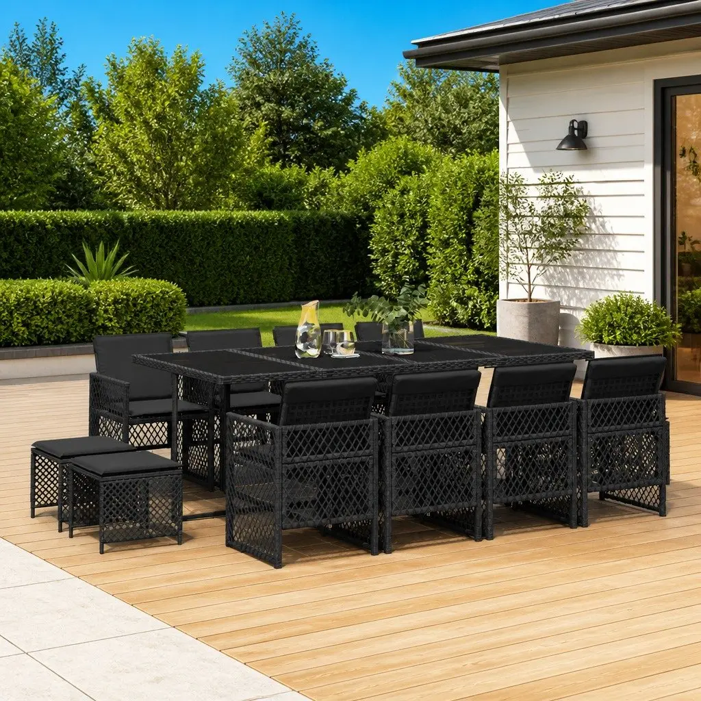 Outdoor Furniture Set 13 Piece Garden Dining Table Chairs Cushions Black with Folding Backrests and Tempered Glass Top