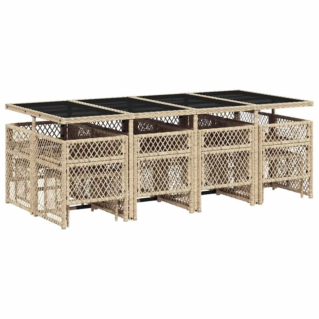 Garden Dining Set 13 Piece Outdoor Furniture Beige Rattan Tempered Glass Table Thick Cushions