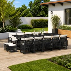 Garden Dining Set 15 Piece Outdoor Patio Furniture with Cushions Black Rattan