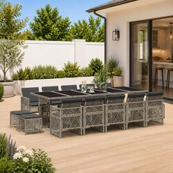 Garden Dining Set 15 Piece Outdoor Furniture Grey Poly Rattan Patio Chairs Table