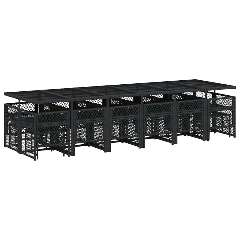 Outdoor Garden Dining Set 17 Piece Black PE Rattan with Tempered Glass Tabletop and Padded Seat Cushions