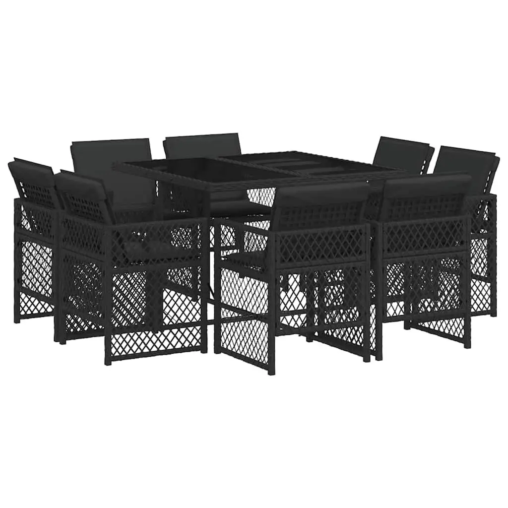 Outdoor Dining Set 9 Piece Black Poly Rattan Chair Table Tempered Glass Top