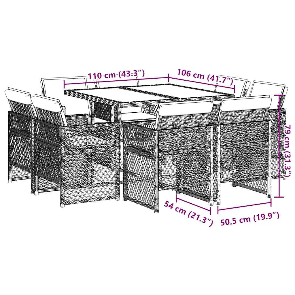 Outdoor Dining Set 9 Piece Black Poly Rattan Chair Table Tempered Glass Top