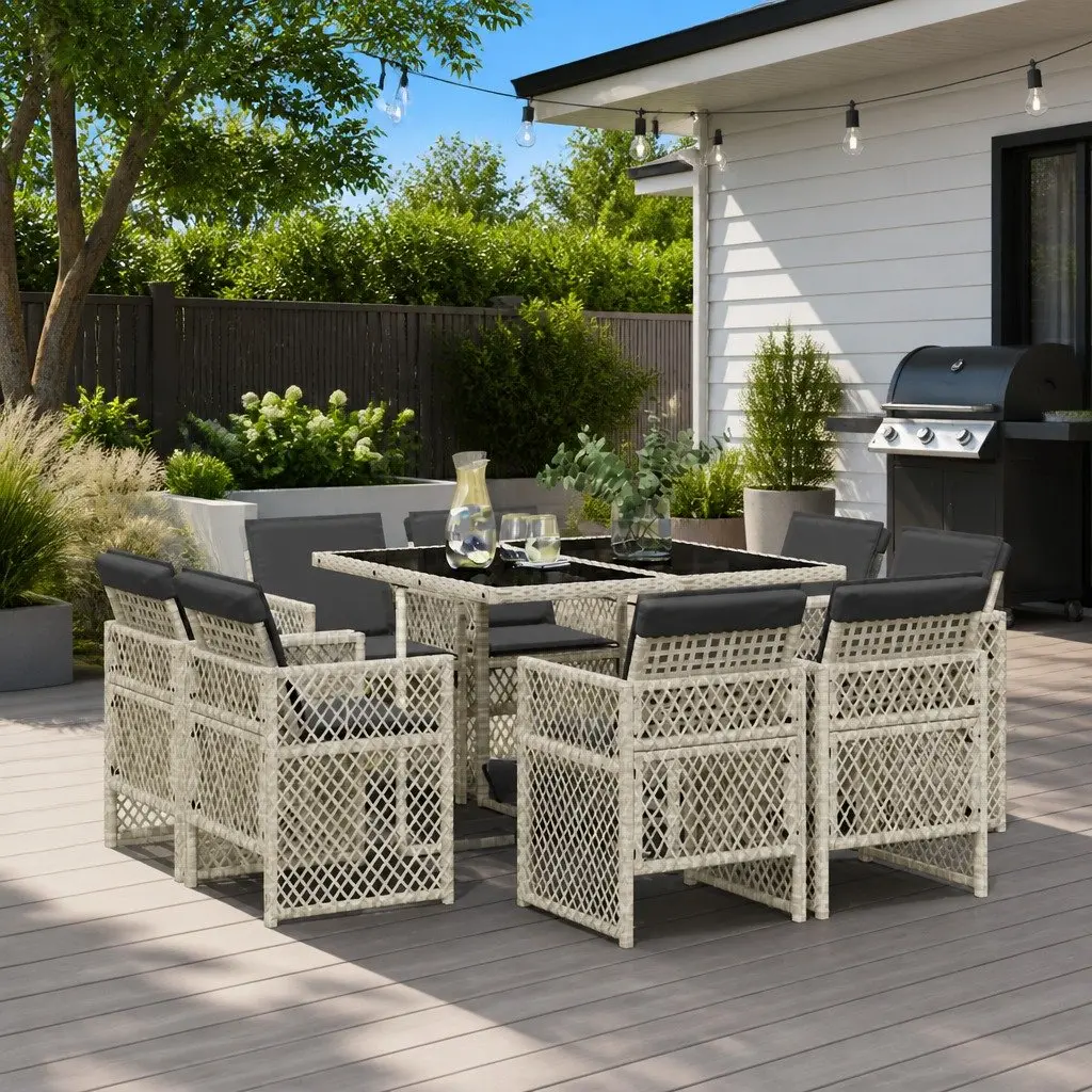 Garden Dining Set 9 Piece Grey Poly Rattan Outdoor Furniture with Cushions and Tempered Glass Table