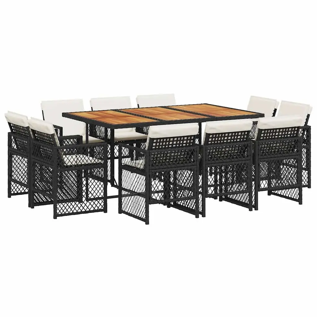 Garden Dining Set 11 Piece Outdoor Furniture Black Poly Rattan Chairs Table Acacia Wood Top Folding Chairs Thick Cushions