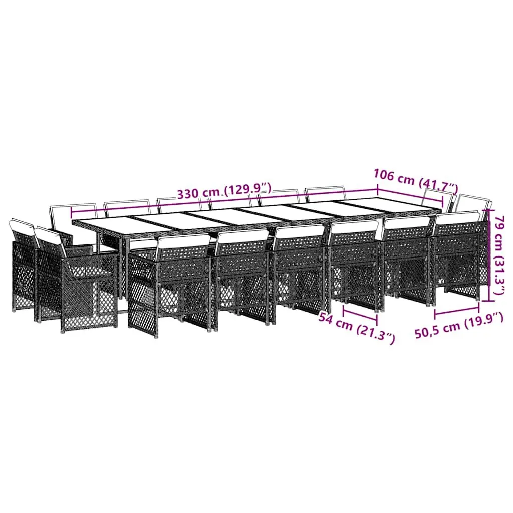 Garden Dining Set 17 Piece Outdoor Furniture Black PE Rattan Frame Tempered Glass Table Top Cushions
