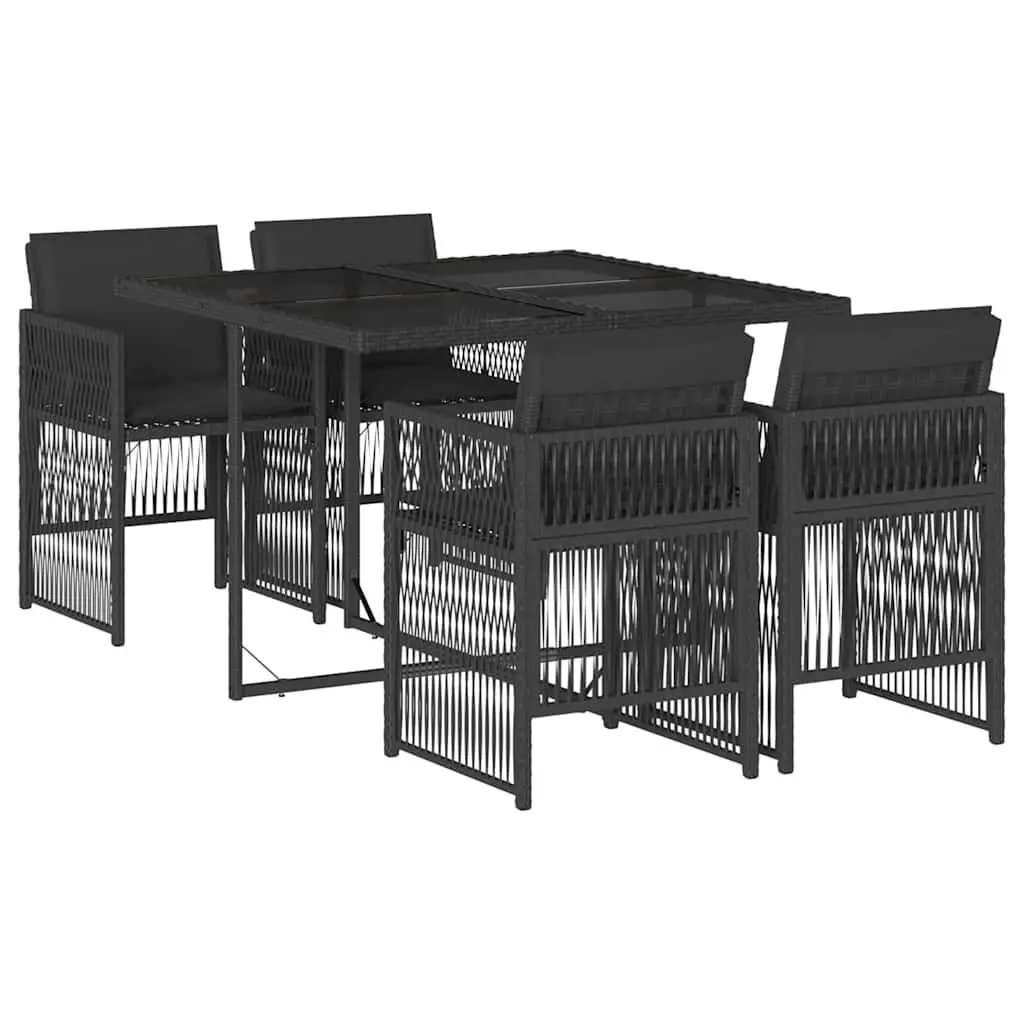 5 Piece Outdoor Dining Set Black Poly Rattan Chairs Table Tempered Glass Top