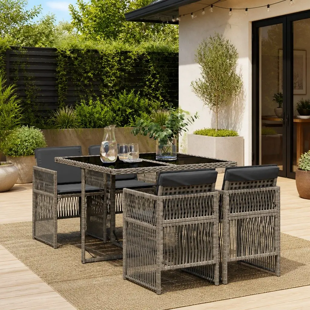 Grey Poly Rattan 5 Piece Patio Dining Set with Foldable Chairs and Cushions
