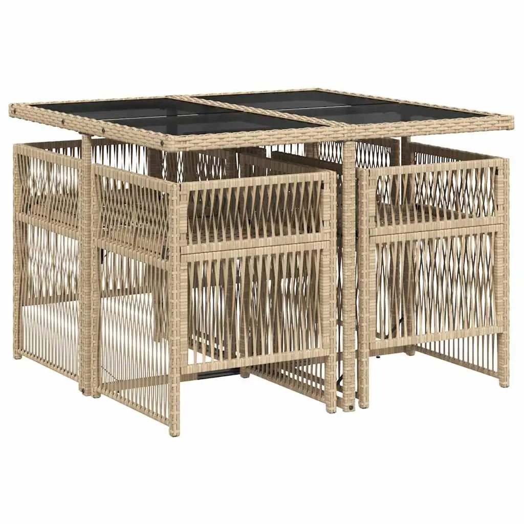 5 Piece Outdoor Dining Set Beige Poly Rattan Chairs Table Cushioned Seating