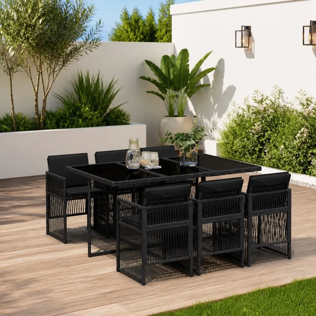 7 Piece Outdoor Dining Set Black Foldable Chairs Tempered Glass Table