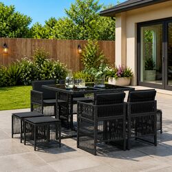 Garden Dining Set 9 Piece Black Poly Rattan Outdoor Furniture with Cushions