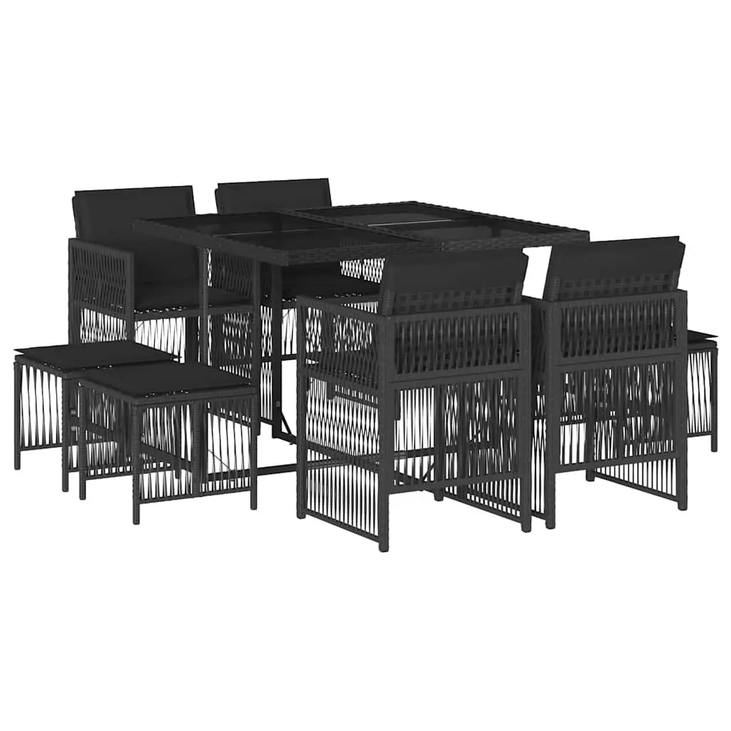 Outdoor Dining Set 9 Piece Black PE Rattan Space Saving Furniture with Cushioned Seating