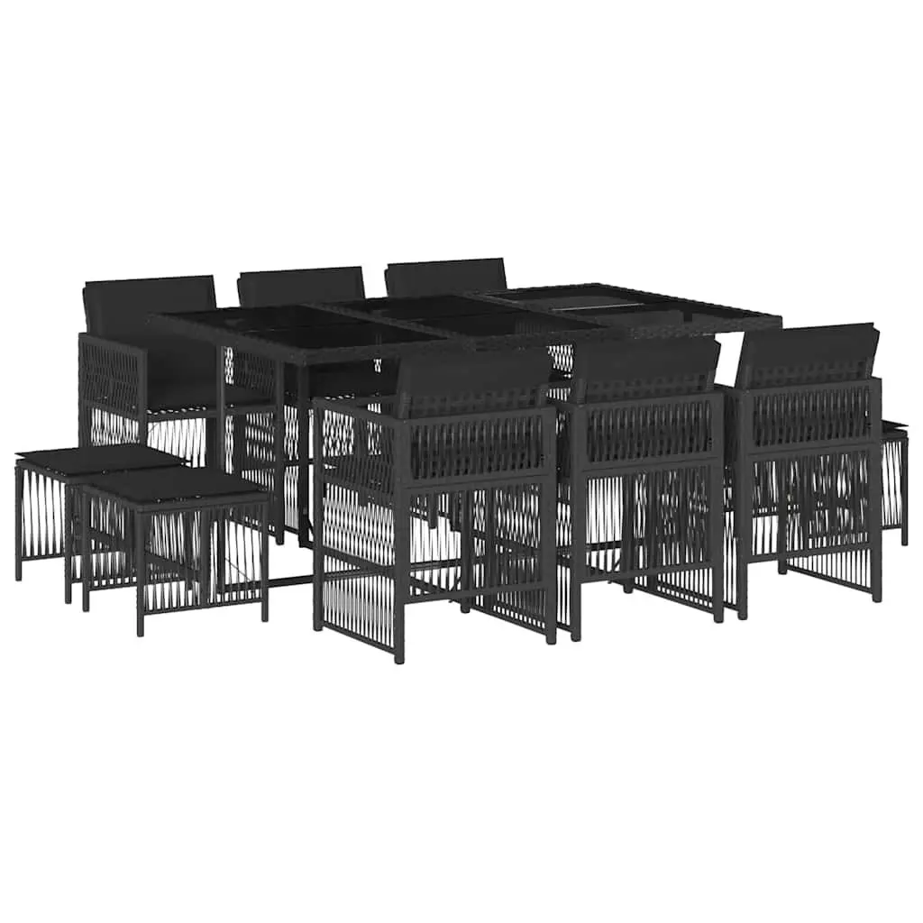 Outdoor Dining Set 11 Piece Black PE Rattan Table with Cushioned Chairs and Stools
