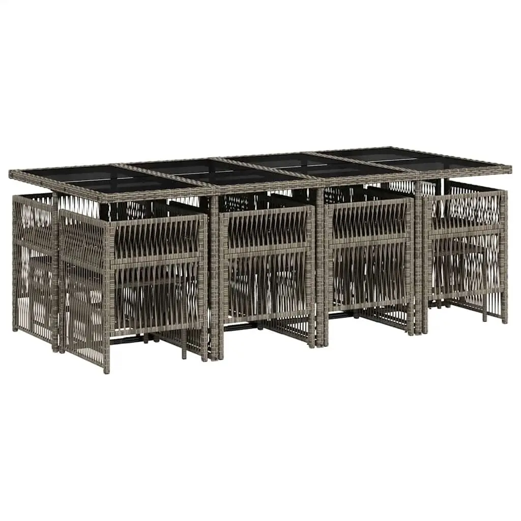 13 Piece Outdoor Dining Set Grey Poly Rattan Furniture with Cushions and Tempered Glass Tabletop