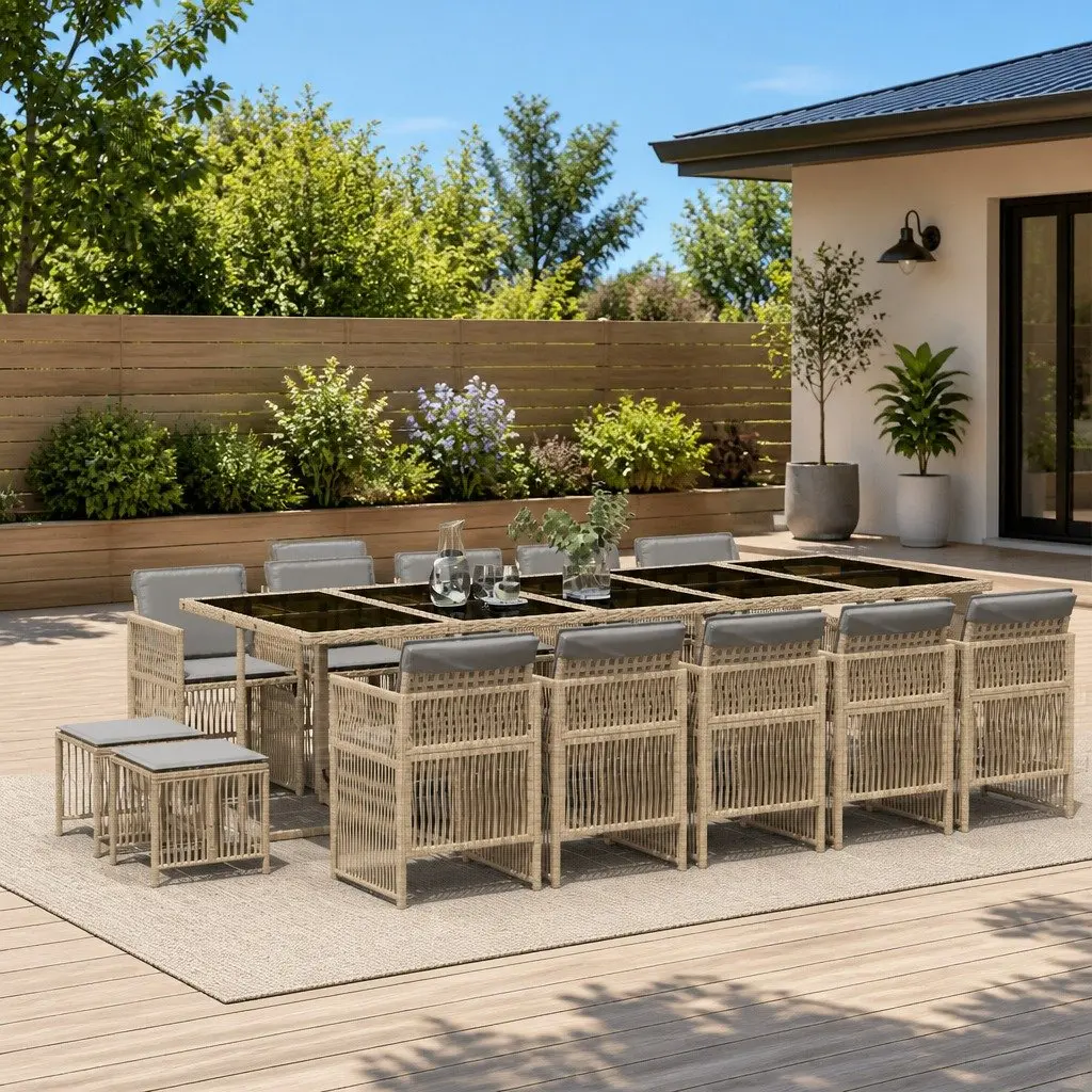 Outdoor Furniture Dining Set 15 Piece Poly Rattan Chairs Table Cushions Beige