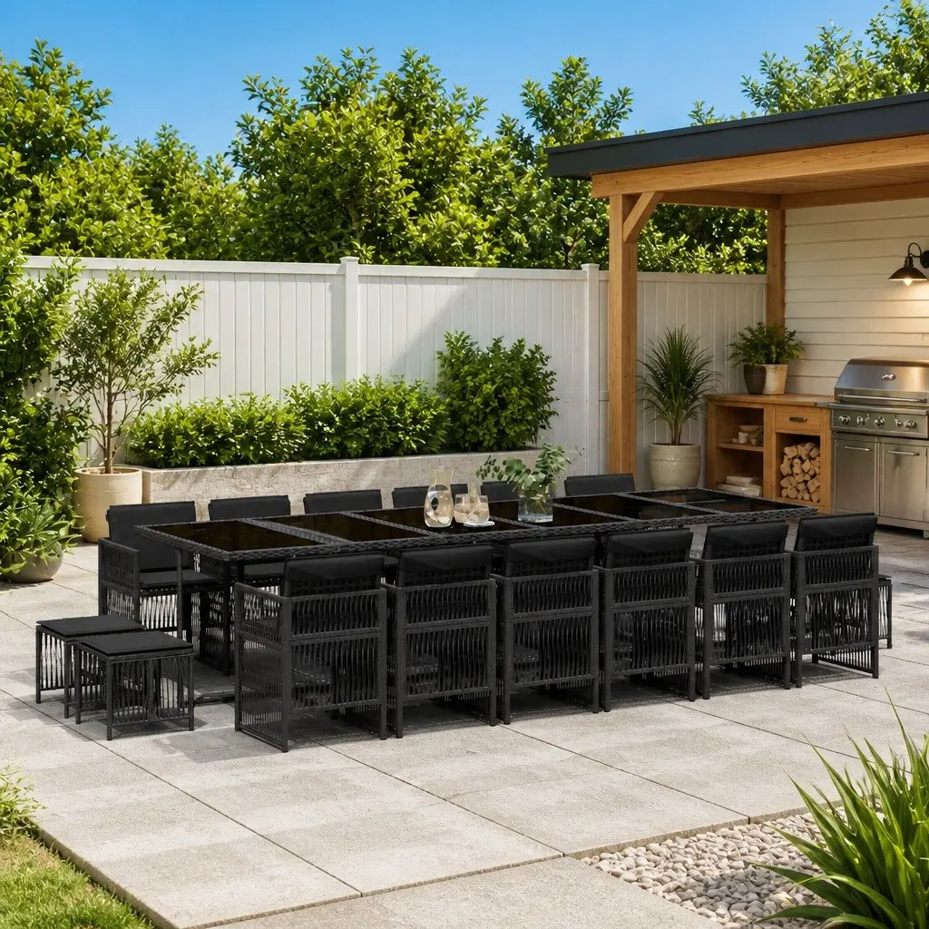 17 Piece Outdoor Garden Dining Set Black PE Rattan Chairs Table Cushions
