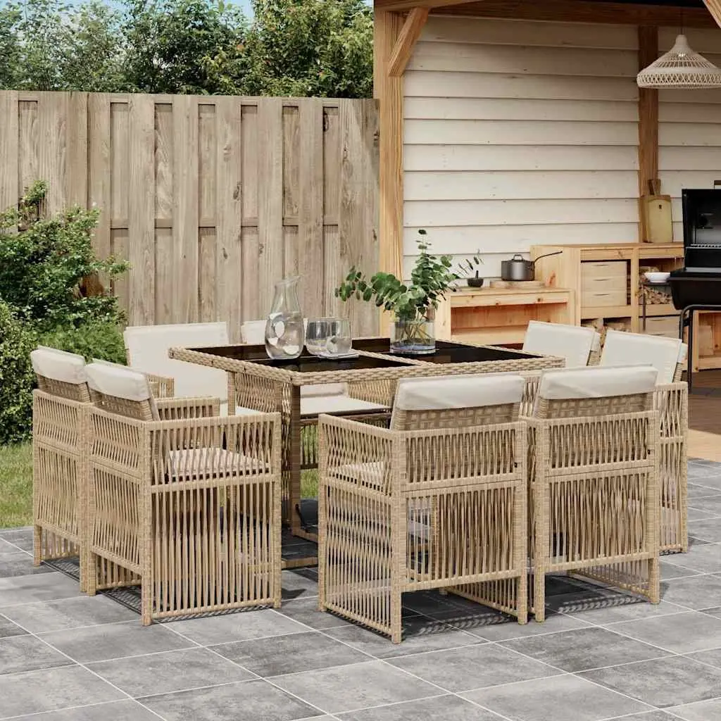 9 Piece Garden Dining Set Outdoor Patio Furniture with Cushions Beige Poly