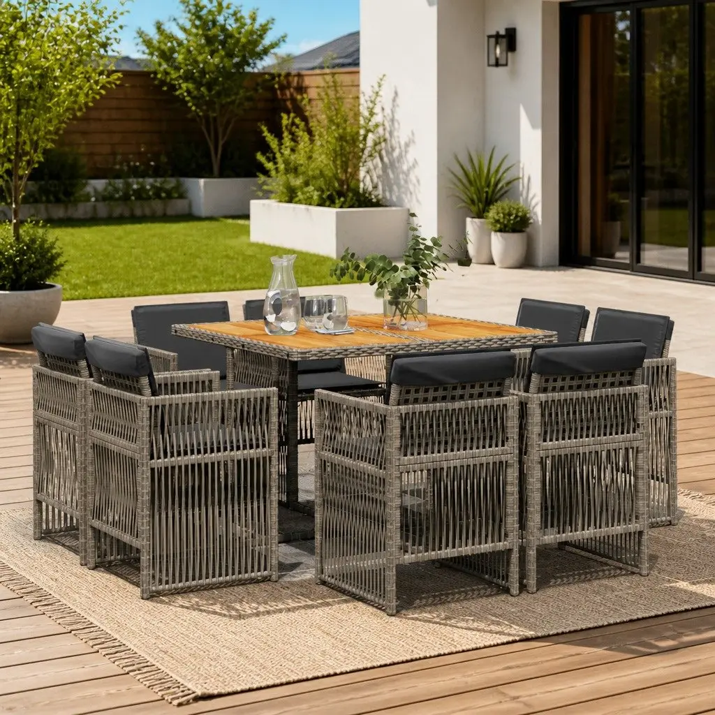 Outdoor Dining Set 9 Piece Grey Poly Rattan Furniture Table and Chairs with Cushions