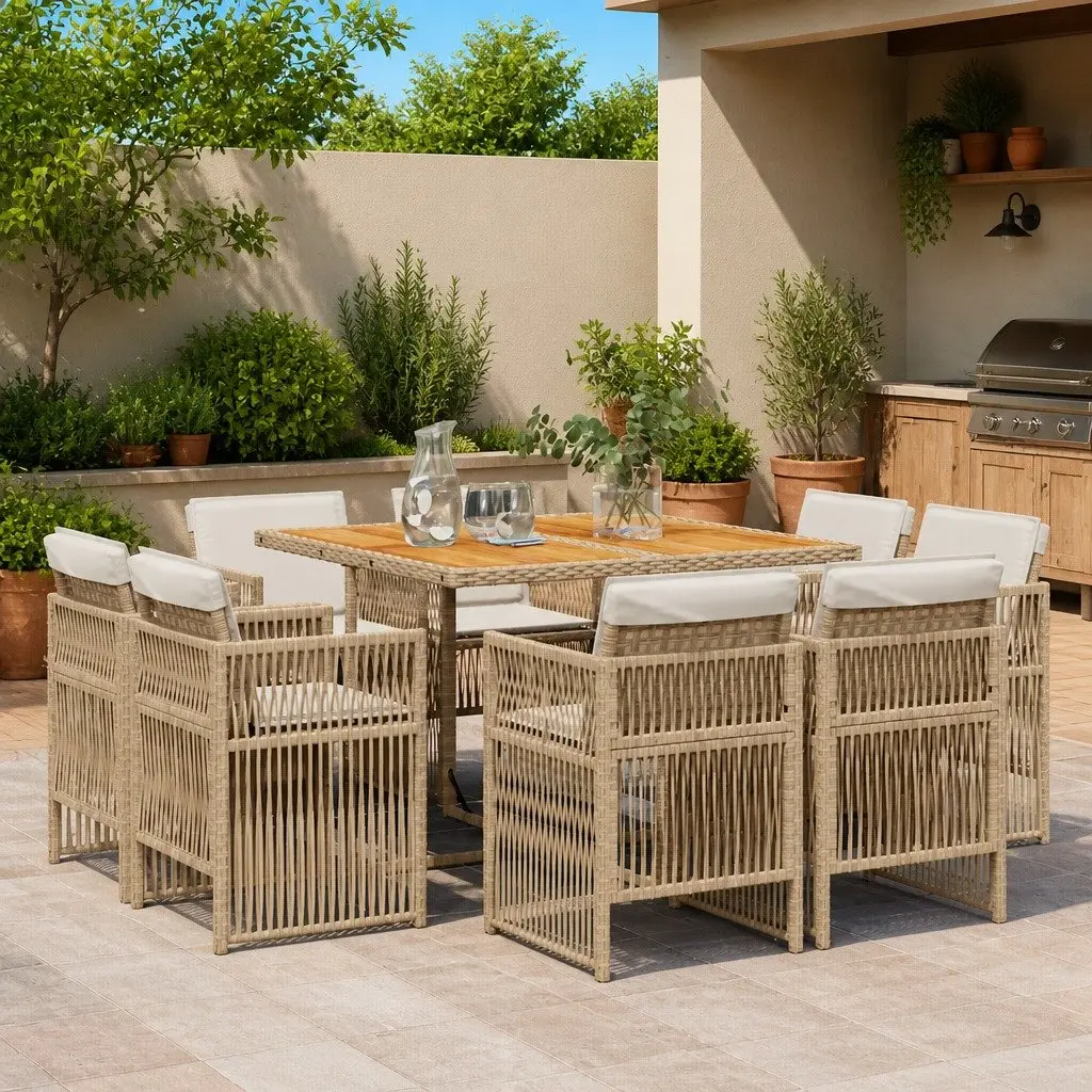 Garden Dining Set 9 Piece Outdoor Furniture Beige PE Rattan with Folding Chairs and Padded Cushions