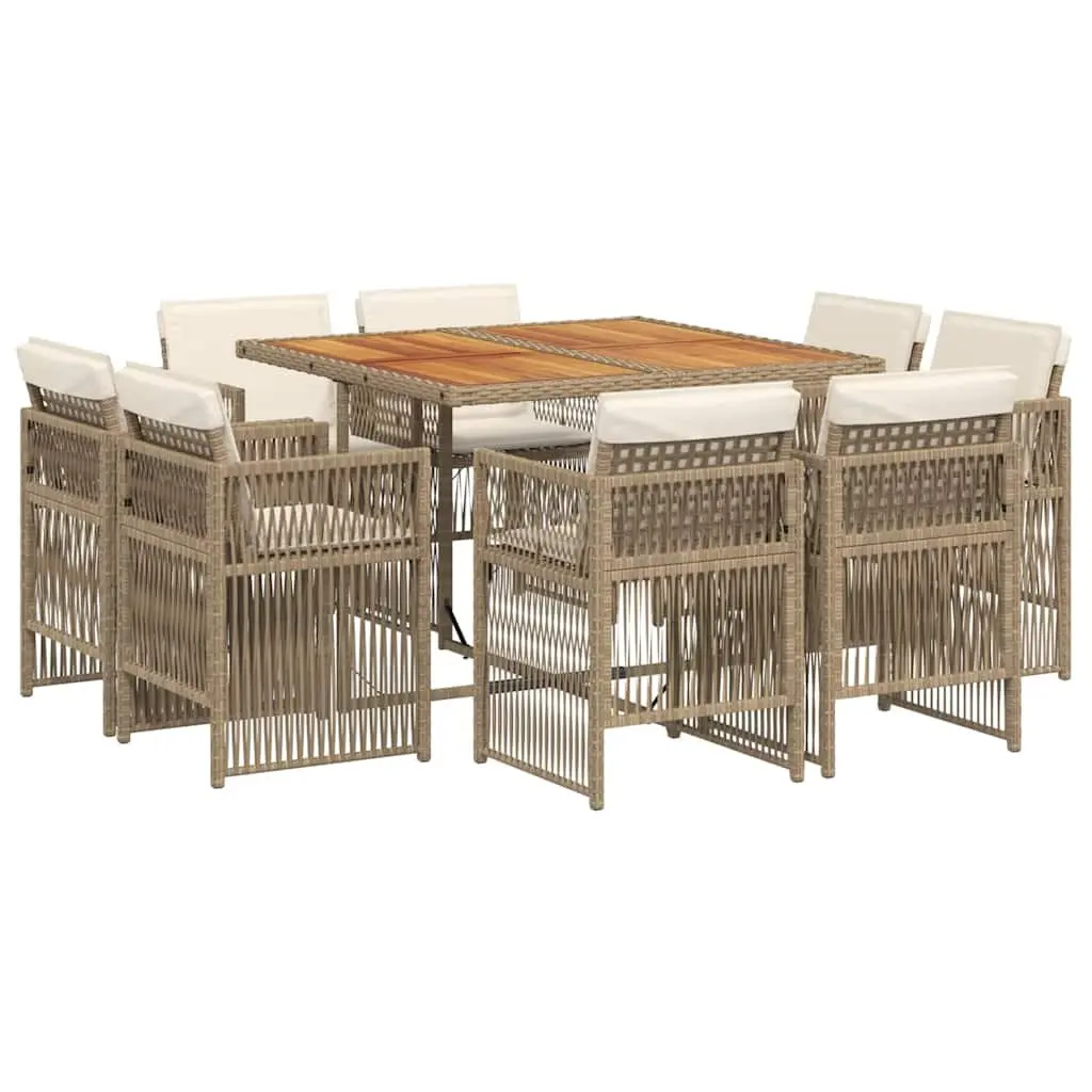 Garden Dining Set 9 Piece Outdoor Furniture Beige PE Rattan with Folding Chairs and Padded Cushions