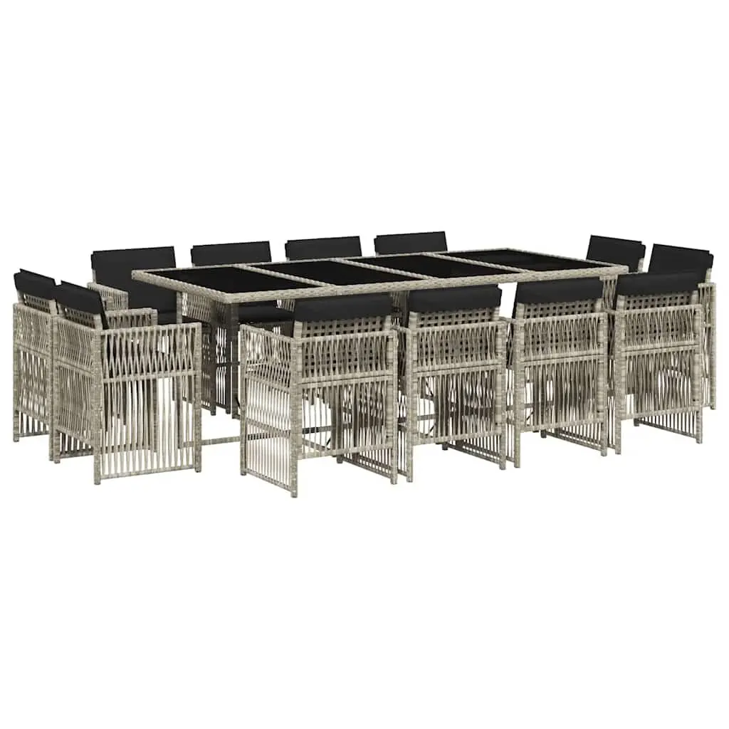 Garden Dining Set 13 Piece Grey PE Rattan Outdoor Furniture with Tempered Glass Table and Cushioned Chairs