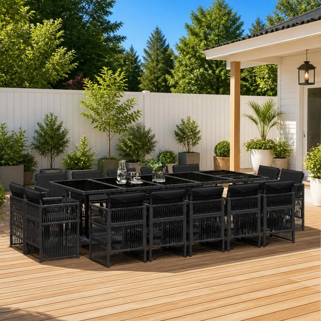 Garden Dining Set 15 Piece Outdoor Furniture Black PE Rattan Chairs Table Tempered Glass Top Foldable Chairs Thick Cushions
