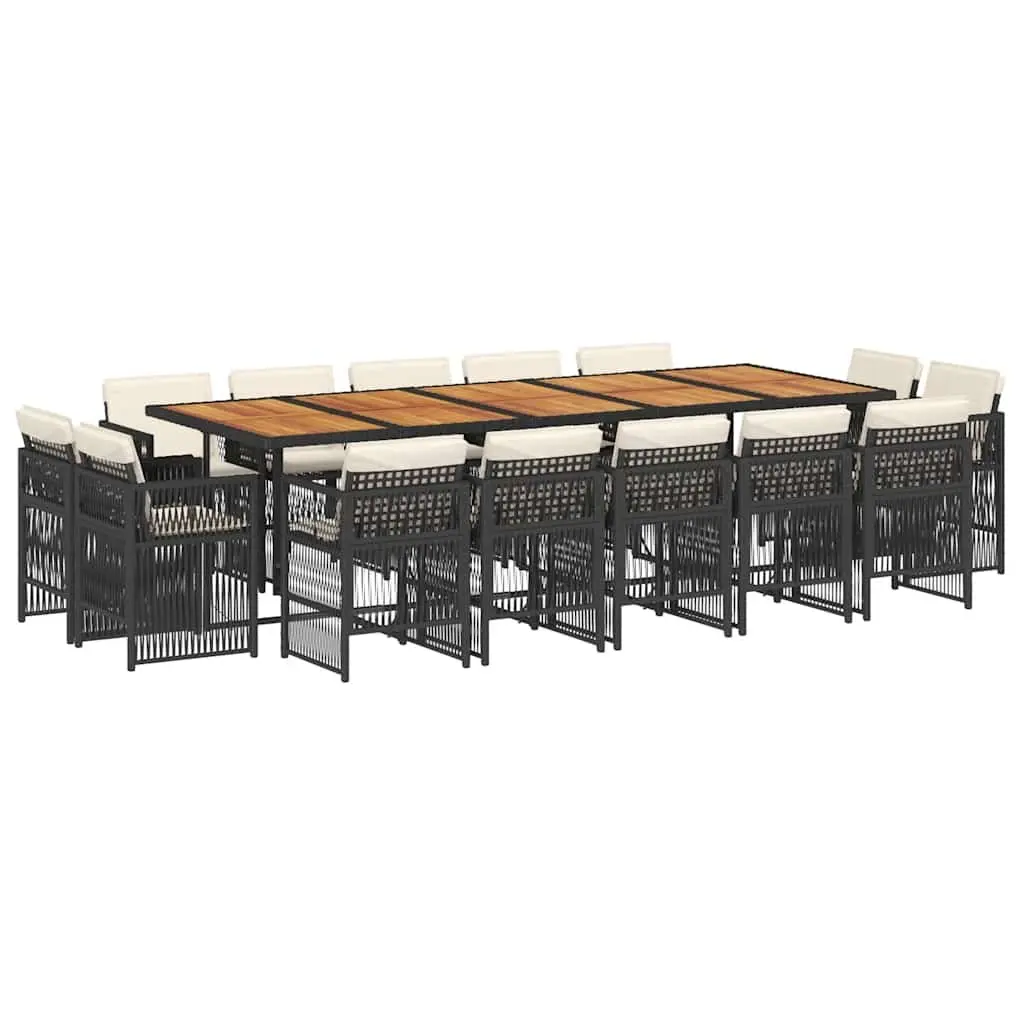 Outdoor Furniture Set 15 Piece Black Poly Rattan Dining Set with Cushions and Acacia Wood Table for Garden Patio or Backyard