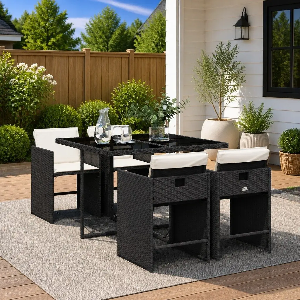 Garden Dining Set 5 Piece Black Rattan Outdoor Furniture with Tempered Glass Table and Padded Cushions