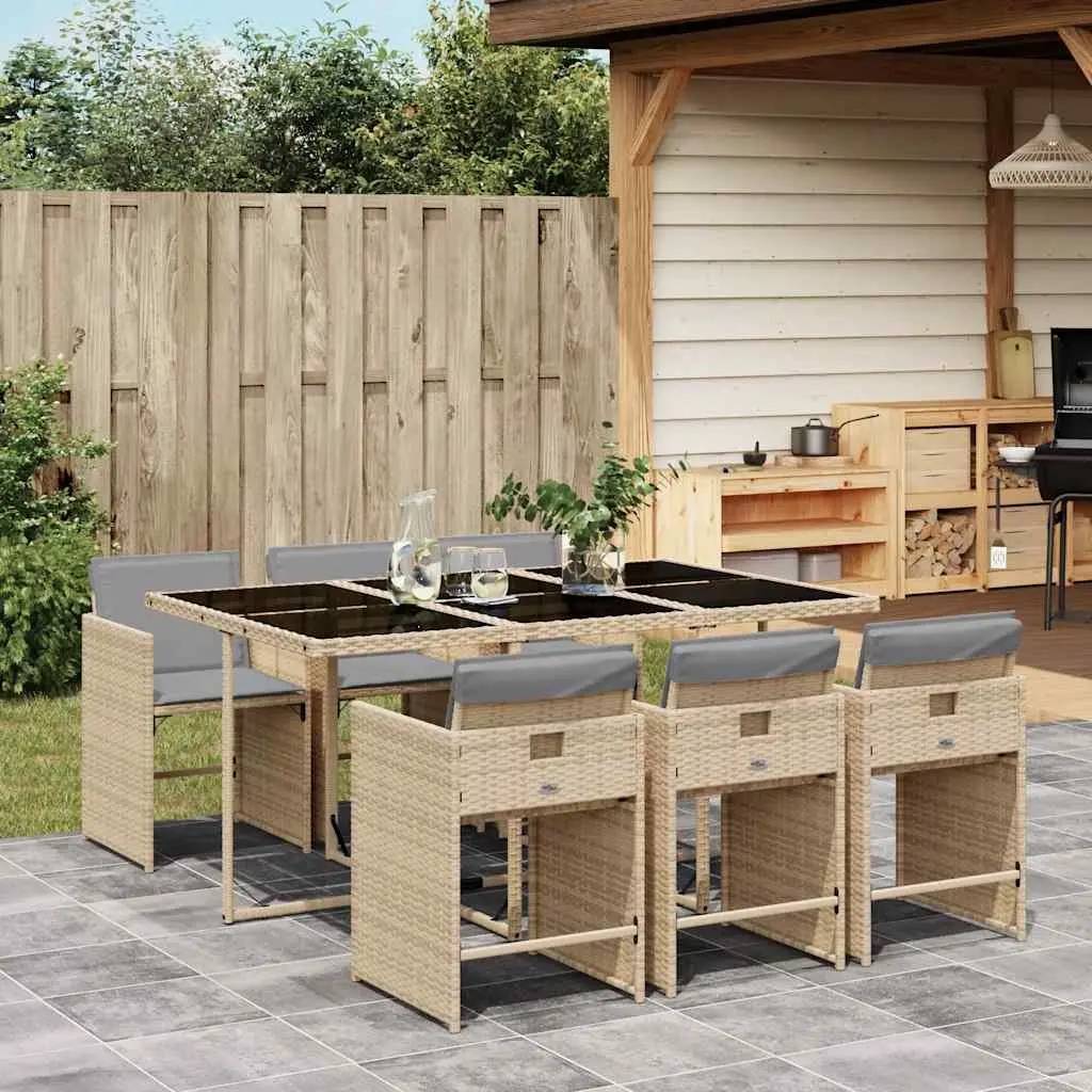 7 Piece Patio Dining Set Garden Furniture with Folding Chairs and Cushions Beige