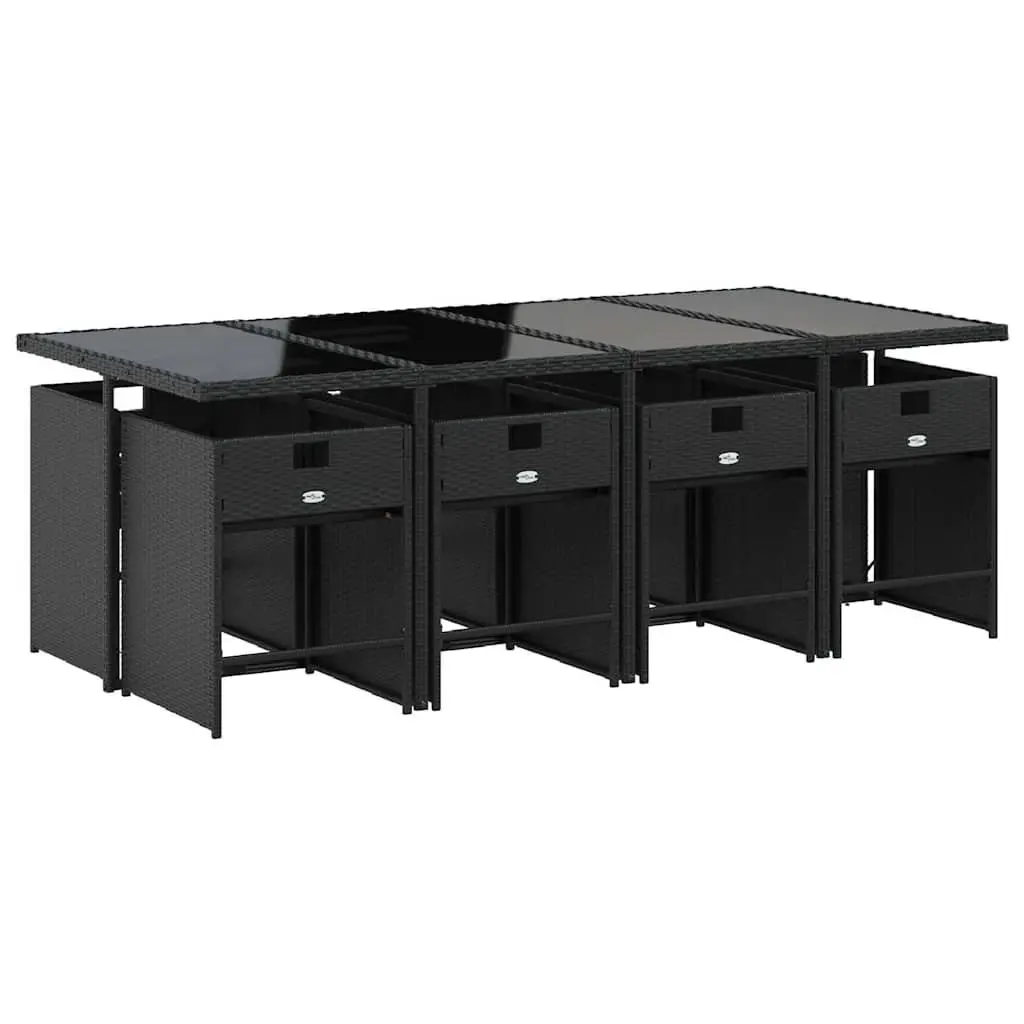 9 Piece Outdoor Garden Dining Set Black Patio Table with Tempered Glass Top and Cushions
