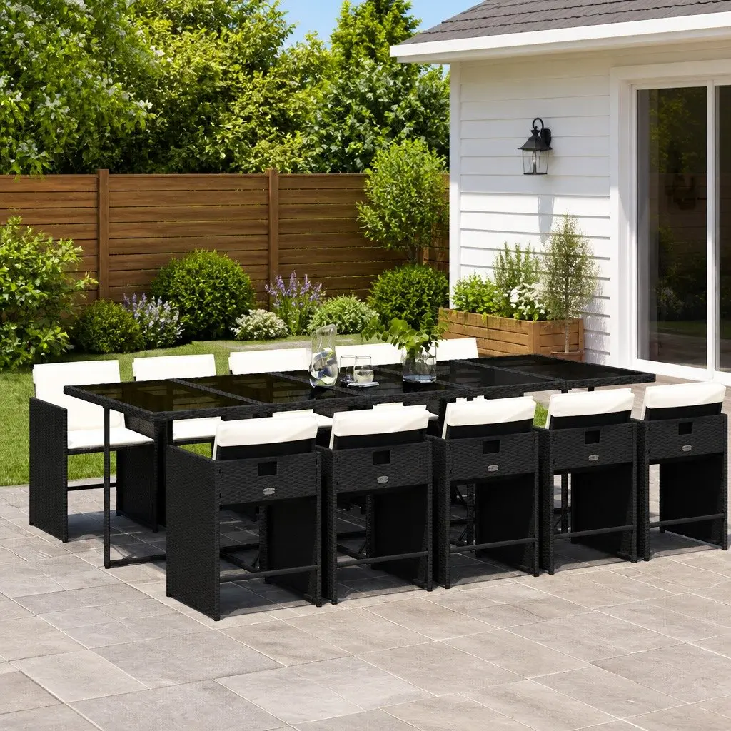 Garden Dining Set 11 Piece Outdoor Furniture Black Poly Rattan with Cushions Foldable Chairs and Tempered Glass Table