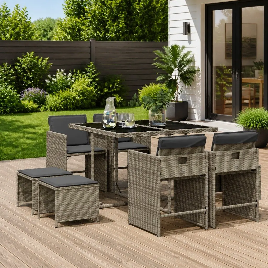Garden Dining Set 9 Piece Grey Outdoor Table Chairs with Cushions