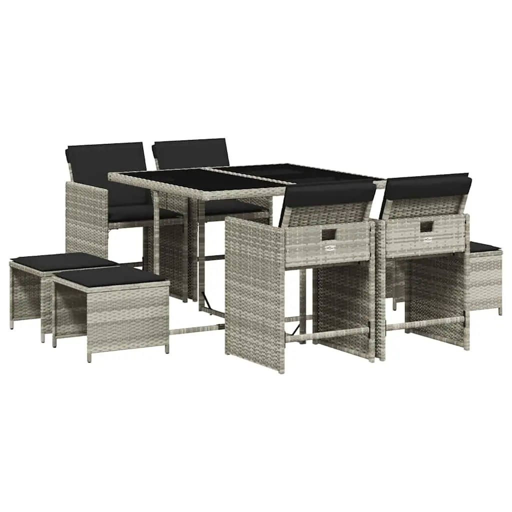 Garden Dining Set 9 Piece Grey Poly Rattan Chairs Table Foldable Storage Cushions