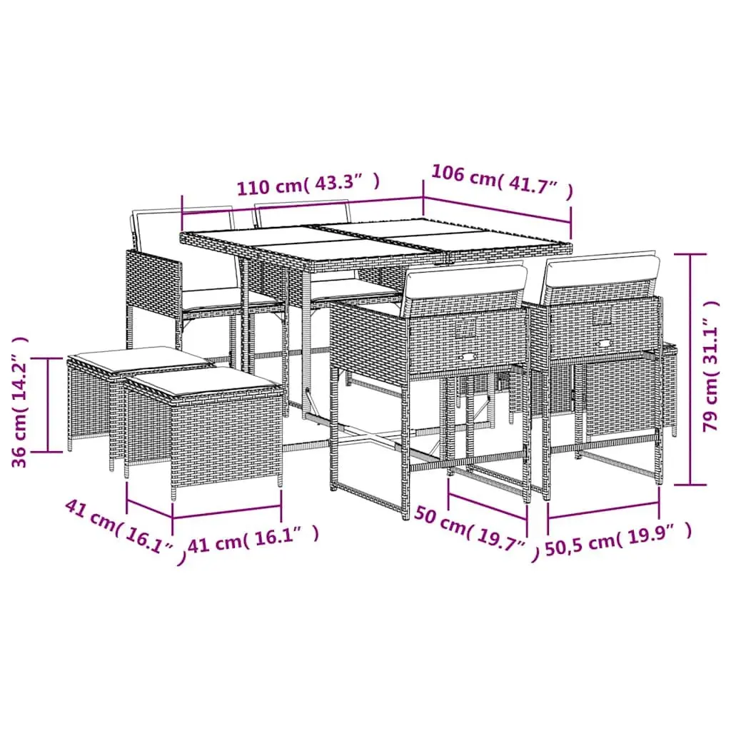 Garden Dining Set 9 Piece Grey Poly Rattan Chairs Table Foldable Storage Cushions