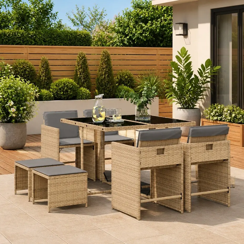 Garden Dining Set 9 Piece Beige Outdoor Furniture Patio Table Chairs Cushions