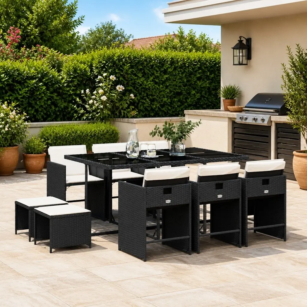 Outdoor Dining Set 11 Piece Garden Furniture Black Poly Rattan Chairs Table