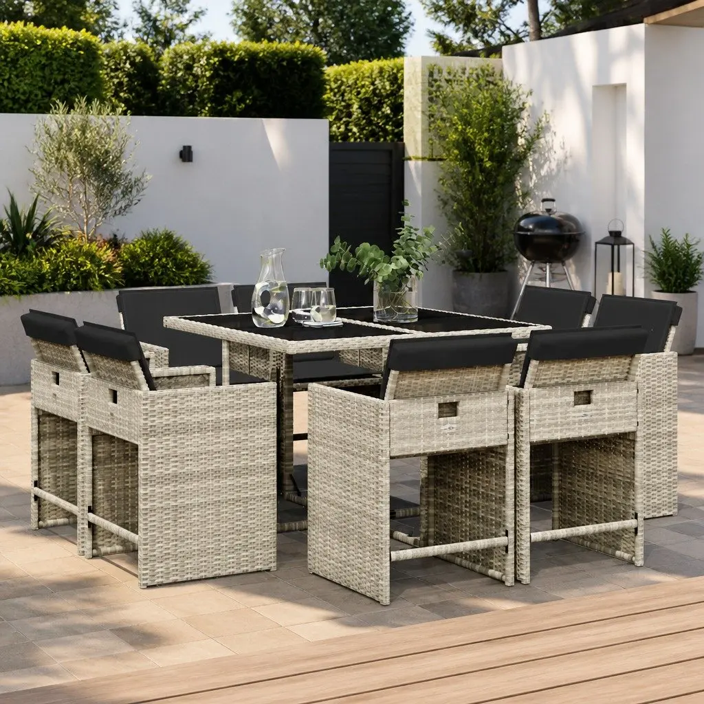 Garden Dining Set 9 Piece Grey Poly Rattan Folding Chairs Table with Cushions
