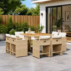 Outdoor 9 Piece Beige Dining Set with Cushions for Patio