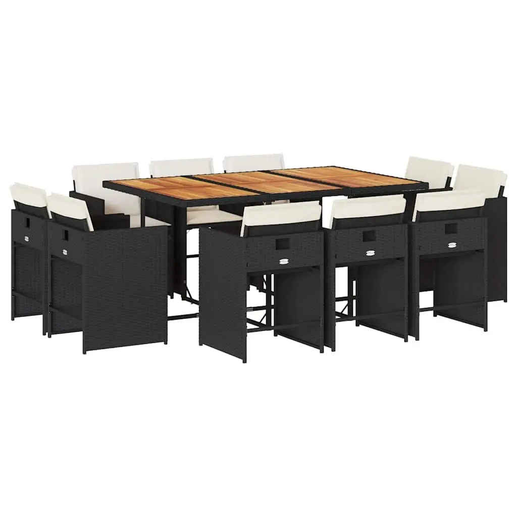 Outdoor Dining Set 11 Piece Cushioned Black Rattan Furniture with Folding Chairs and Acacia Wood Table