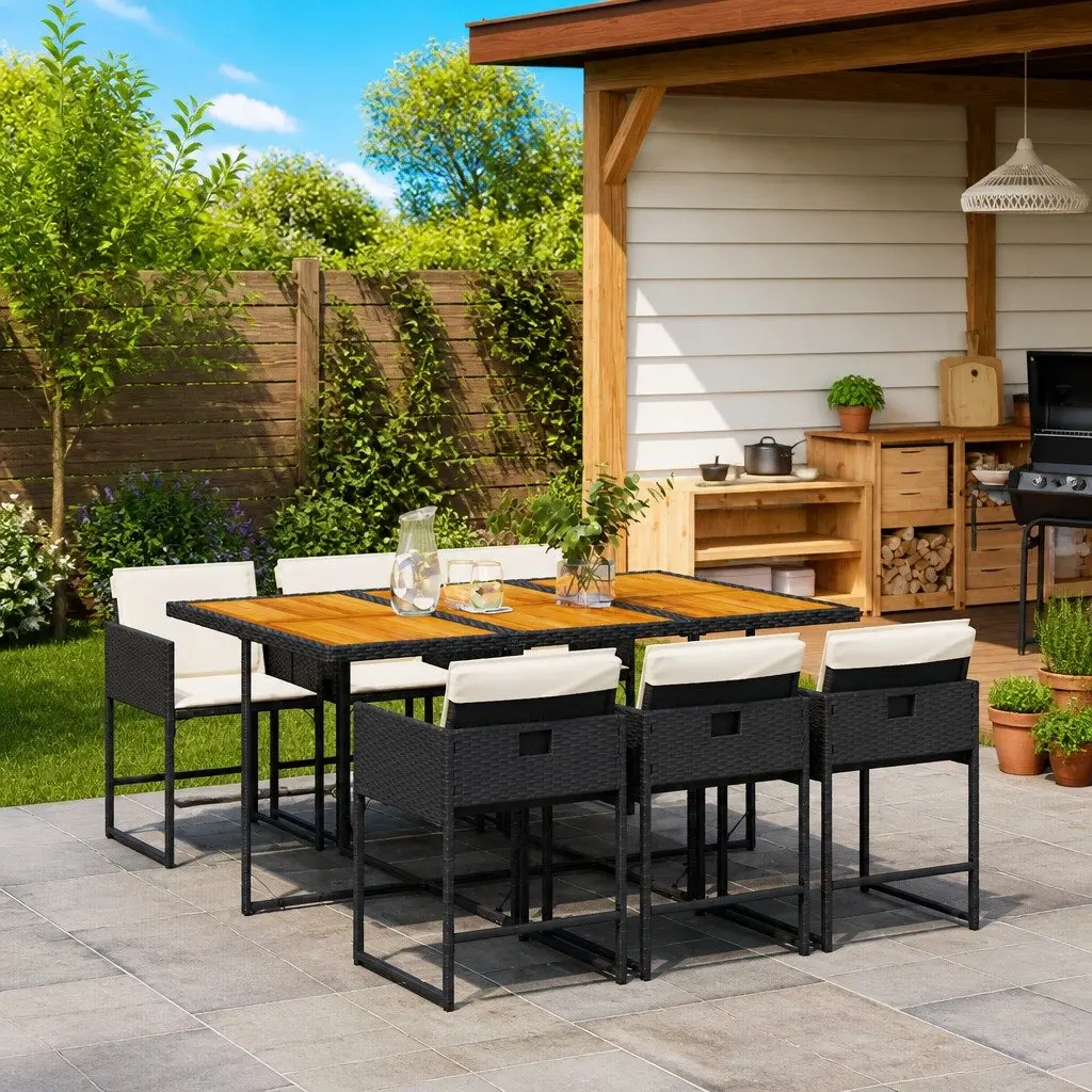 7 Piece Outdoor Dining Set Black Poly Rattan Foldable Chairs with Cushions
